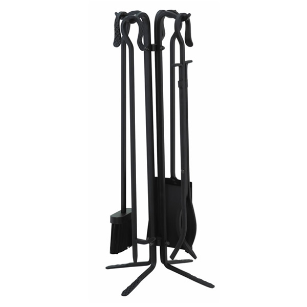 4 Piece Black Wrought Iron Fireplace Tool Set With Crook Handles