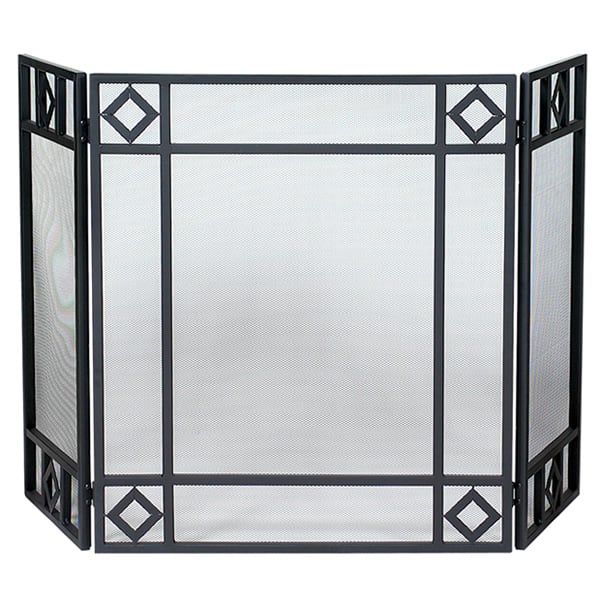 Black Triple Panel Iron Fireplace Screen with Diamond Design
