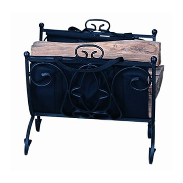 Wrought Iron Indoor Firewood Rack with Carrier Black WoodlandDirect
